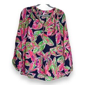 Lilly Pulitzer Women Elsa Long Sleeve Top Floral Navy In The Vias Silk Preppy M